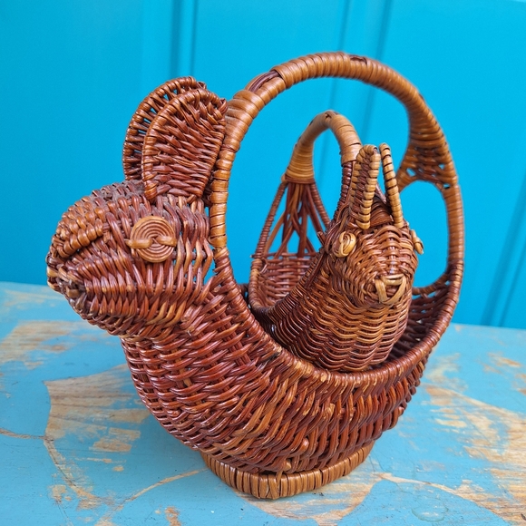 2 Vintage Wicker Basket Art Bunny Rabbit Woven Basket Animal Boho Easter Decor - Picture 15 of 16